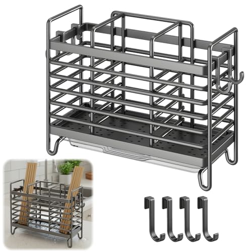 YgonziRuvc Cutlery Drainer 3 Compartment Utensil Holder Drainer for Kitchen Countertop Space Saving Cutlery Caddy with Drainage Holes Grey 20.9 x 14.8 x 8.2 cm