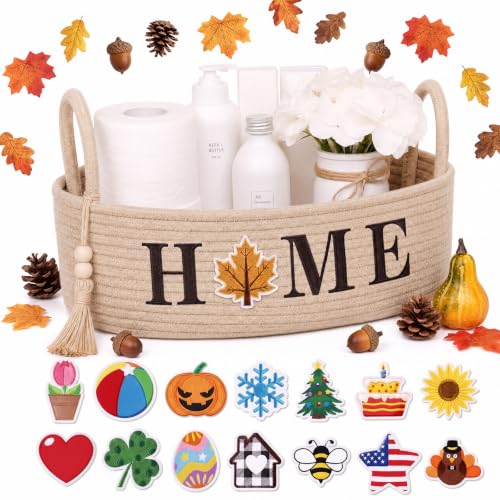 16 Pcs Interchangeable Woven Toilet Paper Basket with 13 Pcs Seasonal Icons