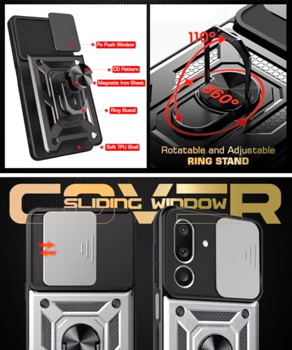 Image of WOW IMAGINE Tough Armor Bumper Mobile Back Case for Samsung Galaxy M36 5G | Sliding Camera Shield Cover | Shock Proof 360 Protection | Hybrid PC + TPU | Ring Holder with Kickstand - Silver