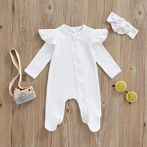 MERSARIPHY Newborn Baby Girl Footies Romper Onesie Zipper Ruffle Rib Footed Coming Home Outfit Jumpsuit Bodysuit and Headband3