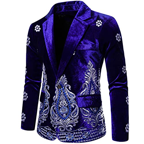 Mens Blue Velvet Floral Blazer, Silver Thread Embroidery Single Button Wedding Suits Coat, Social Veste Jacket2