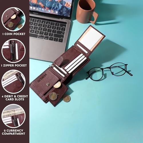 Image of VEMILIO Vegan Leather Wallet for Men with ID Window, Coin Pocket, Zipper Pocket & Multiple Card Slots | Bi-Fold Gents Purse with Currency Compartments | Slim Stylish Men's Wallet (Brown)