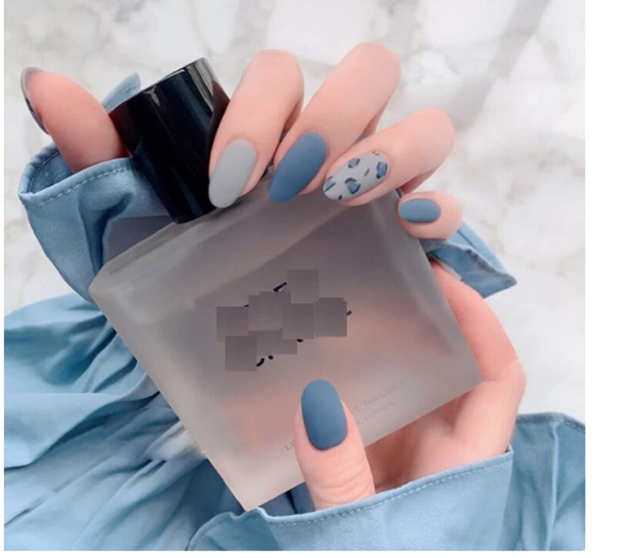 VIKSON INTERNATIONAL 24 Pcs press on Blue Grey || Tiger Animal print Matte finish round tip || press on fake Artificial reusable Nail extension set || with nail glue Sticker Sheet & nails Apply kit for girls women (dark blue Grey)