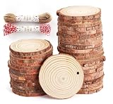 50Pcs Wood Slices for Crafts, 2.4'-2.8' Unfinished Wood Circles for Crafts with Pre-drilled Hole and String, Unfinished Wood Rounds for Home Decor, Painting, Wooden Coasters, DIY, Party Wedding Decor