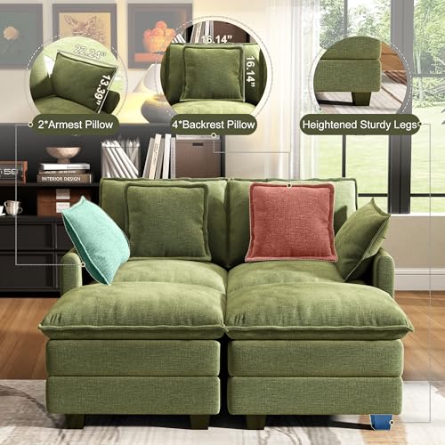Image of 58 inch Cloud Couch Sectional Modular Sofa, Deep Seat Couches with Ottoman and Removable Washable Pillows for Living Room, Bedroom, Apartment, Green