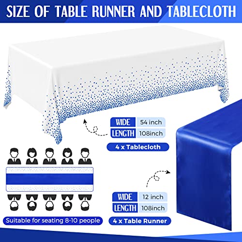 Image of Breling 8 Pack Royal Blue Disposable Plastic Tablecloths and Satin Table Runner Set, 54 x 108 Inch Tablecloth, 12 x 108 Inch Table Runners for Wedding Graduation Birthday Baby Shower New Year