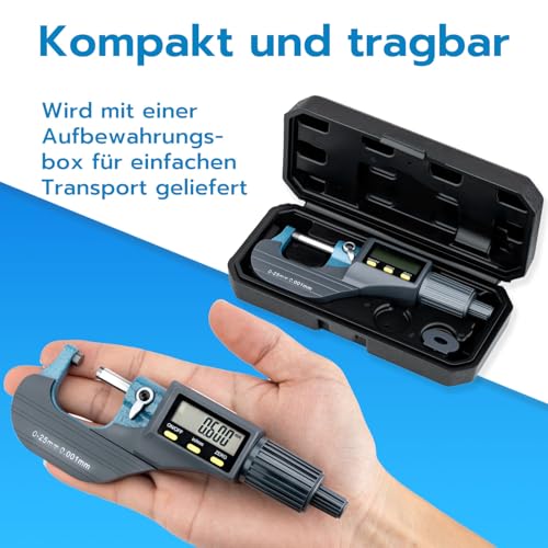 Mcbazel Mikrometer LCD Digitale Bügelmessschraube 0-25mm, 0.001mm Auflösung