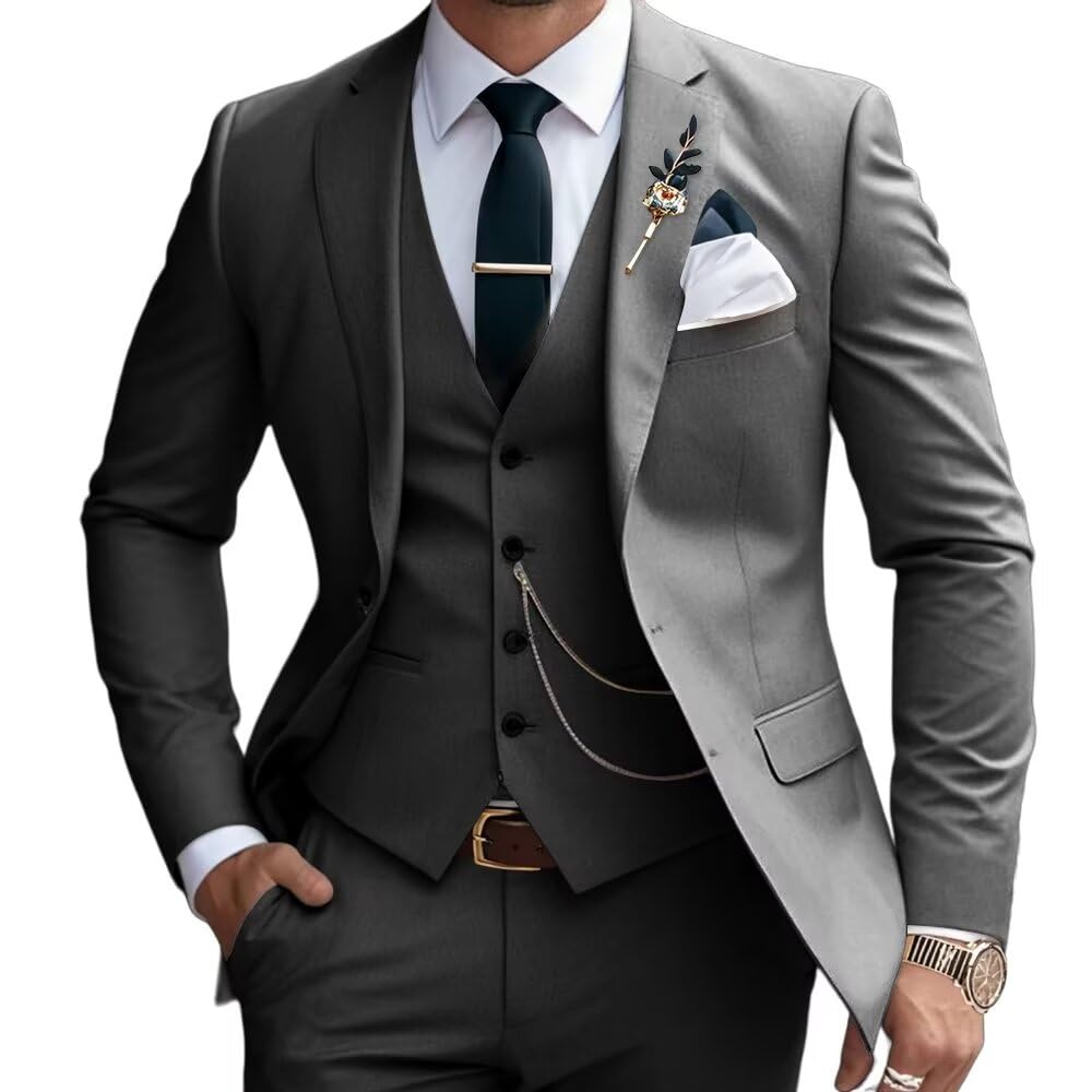 Photo 1 of Mens Suits Slim Fit 3 Piece Business Wedding Tuxedo Jacket Vest Pants Suit Set Dark Grey