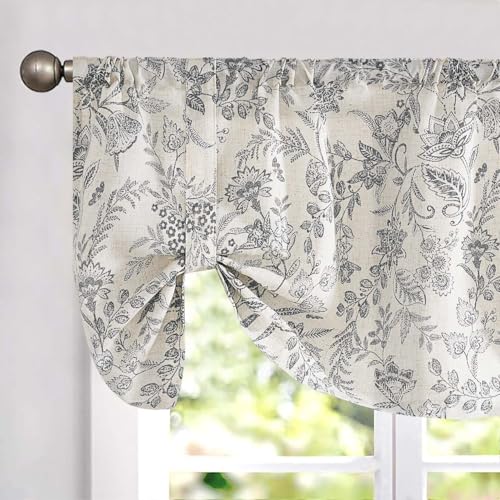 Lazzzy Blue Floral Tie Up Valance Curtain Linen Farmhouse Valance for Kitchen Living Room Bedroom Country Valances Window Treatments Small Cafe Curtian 18 Inch Rod Pocket 1 Panel,Black on Beige