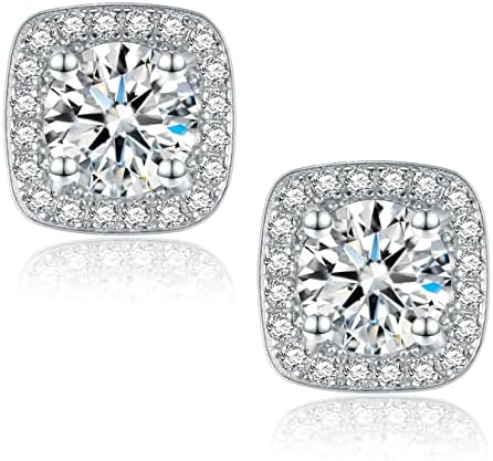 Moissanite Stud Earrings, 2ct DF Color Ideal Cut Lab Created Diamond 18K White Gold Plated Earrings for Women with Certificate of Authenticity (2ct Halo Square)