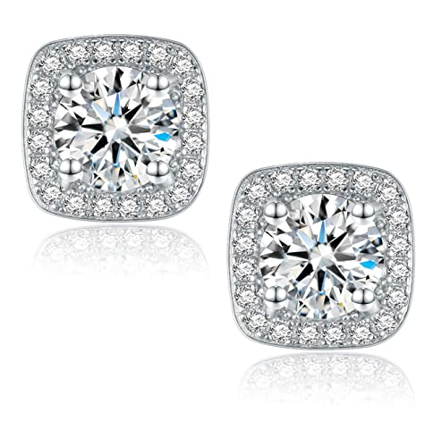 1-4CT Moissanite Stud Earrings, Halo Square D Color Ideal Cut 925 Sterling Silver Earrings for Women with Certificate of Authenticity