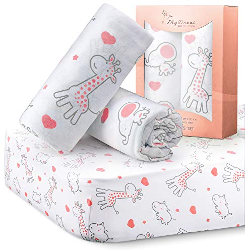 Image of Stretchy Fitted Crib Sheets for Baby Girls, Ultra Soft Jersey Knit Cotton, Fits Standard Crib and Toddler Mattress, Size 28in x 52in, 2 Pack Set, Coral Elephants & Coral Animals Nursery Sheet