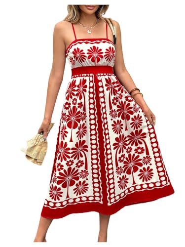 Floerns Women's Floral Spaghetti Strap Midi Dress Tie Back Vacation Smocked Dresses