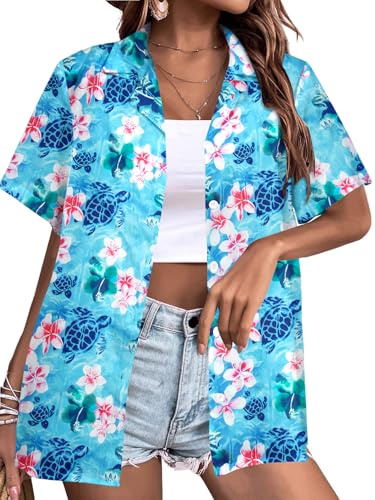 Womens Hawaiian Shirt Hawaii Button Down Shirts Palm Floral Tropical Vacation Outfits Casual Summer Trip Blouse Top