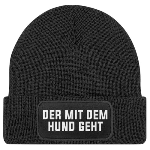 MoonWorks® Herren Beanie Strickmütze mit Patch Spruch Der mit dem Hund geht Aufdruck Lustig Mütze Männer Schwarz Unisize