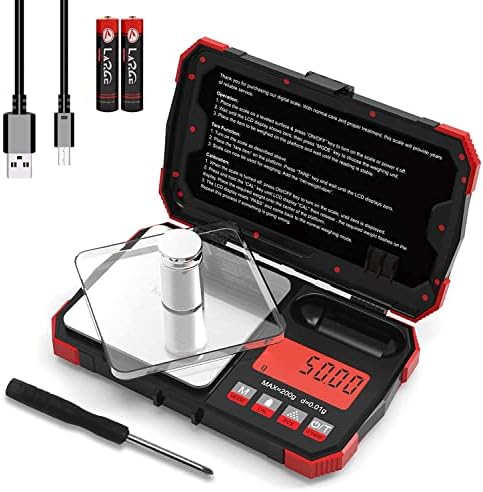 Dual Powered Digital Pocket Scale 200g x 0.01g, Precision Gram Scale for Food Ounces and Grams Small Jewelry Powder Scale, incl. 50g Weight and More, use Batteries or USB Port, Non-Rechargeable