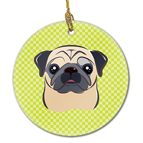 Caroline's Treasures Checkerboard Lime Green Fawn Pug Ceramic Ornament Christmas Tree Hanging Decorations for Home Christmas Holiday, Party, Gift, 3 in, Multicolor