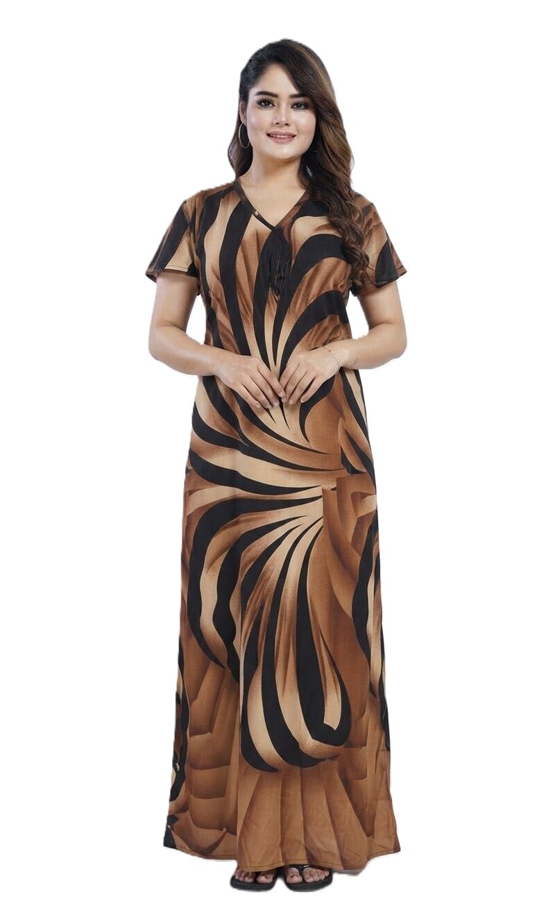 Women's Satin Maxi Night Dress with Robe, Maroon Floral Printed V Neck Nightgown, Short Sleeve Full Length Sleep with Waist Comfortable Lounge for Daily Home-image-34