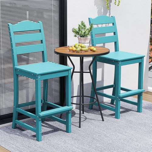 Image of Tangkula Patio HDPE Barstool, Outdoor High Top Bar Chair w /Backrest & Footrest, All-Weather Wood-Plastic Bar Height Chair for Poolside, Backyard, Porch (4, Turquoise)