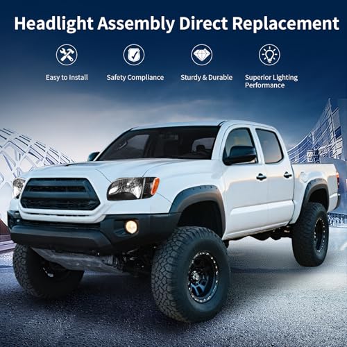 Image of oEdRo Headlight Assembly Compatible with 2001 2002 2003 2004 Tacoma Headlamp with Bumper Light Amber Reflector Clear Lens Black Housing