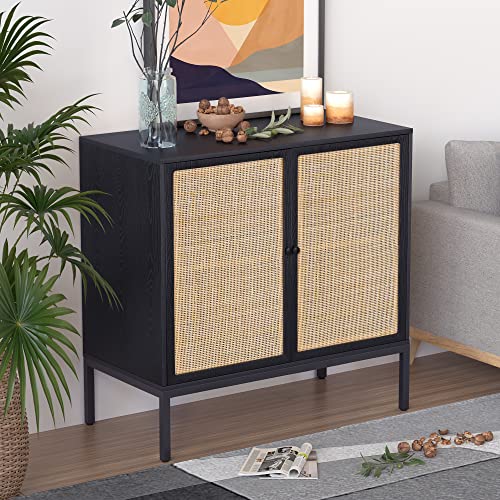 Xiao Wei Sideboard With Handmade Natural Rattan Doors, Rattan Cabinet Console Table Storage Cabinet Buffet Cabinet, For Kitchen, Living Room, Hallway, Entryway, Black #TOP7