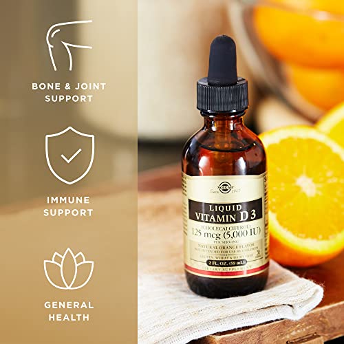 Solgar Liquid Vitamin D3 125 Mcg (5,000 Iu), 2 Fl Oz - Delicious, Natural Orange Flavor - Helps Maintain Healthy Bones & Teeth - Immune System Support - Gluten Free, Dairy Free, Kosher - 59 Servings #TOP3