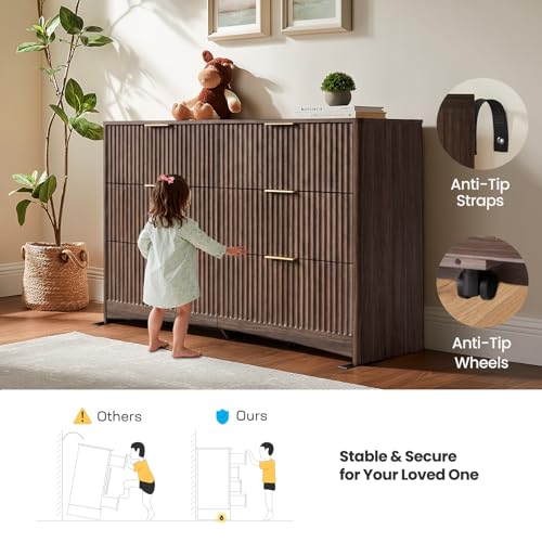 Image of Amada Modern 6 Drawer Dresser, Fluted Wood Chest of Drawers with Rounded Corners, Pre-Installed Drawer Slides, Dresser TV Stand and Storage Organizer for Bedroom, Hallway, Walnut