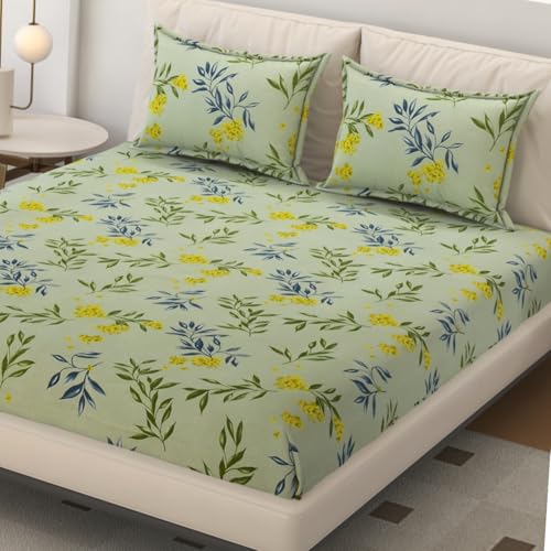Image of SEJ by Nisha Gupta Bedsheet for Double Bed with Pillow Cover | 300 Tc Cotton Feel Microfibre Floral Printed Soft Bed Sheet & Wrinkle Free | Perfect for Home Decor | Size 230 X 240 Cm Green