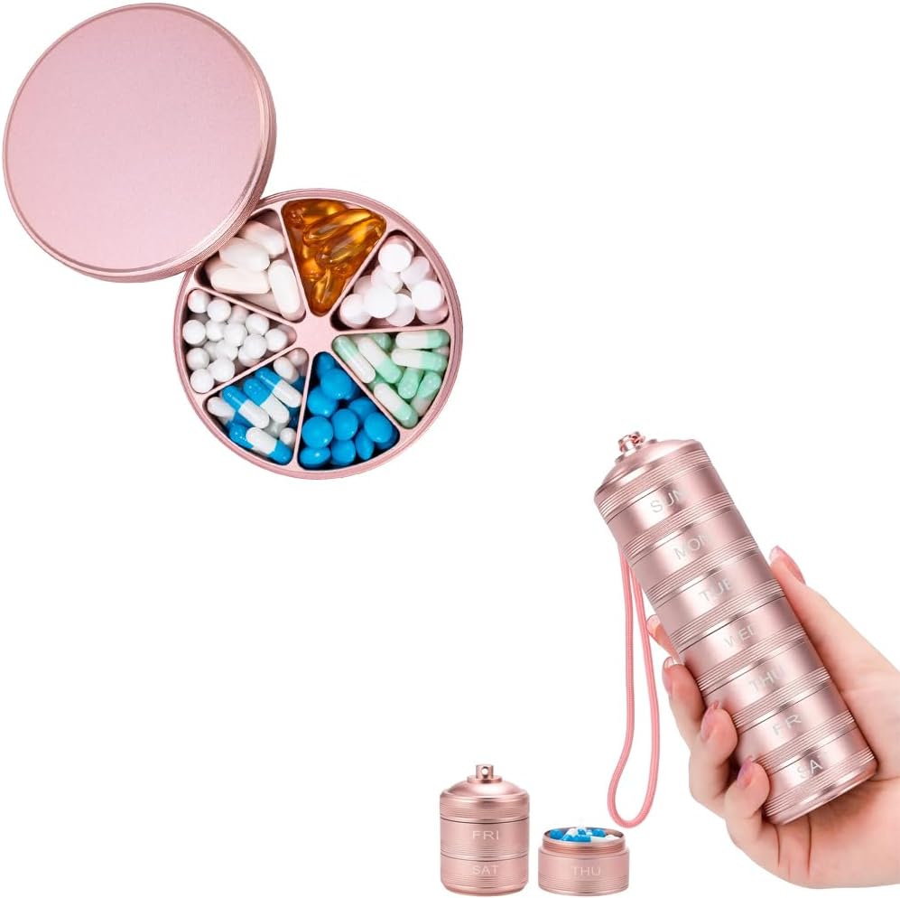 7 Compartment Pill Organizer & 7 Day Pill Organizer - Waterproof Metal Pill Organizer, Aluminium Alloy Round Daily Medicine Container Oil