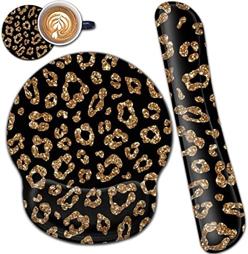 Ergonomic Gel Mouse Pad & Memory Foam Keyboard Wrist Rest Set - Gold Leopard Pattern Desk Mat For Office & Gaming