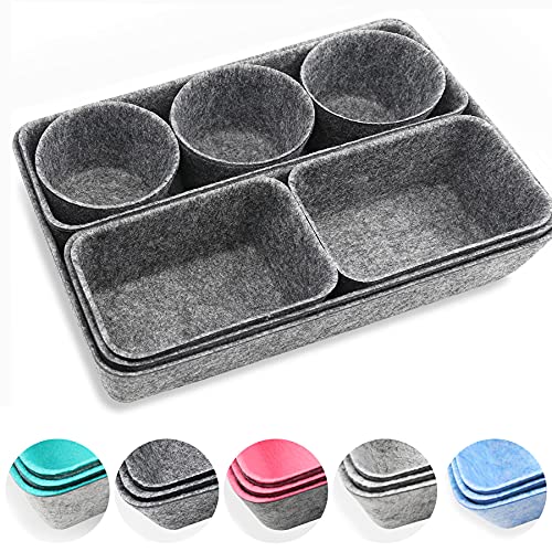 Newthinking 8 Pack Desk Drawer Organizer, Multi-Use Felt Shallow Narrow Drawer Organizers, Desk Supplies Tray for Office Drawer, Makeup Organizer (Dark Grey)