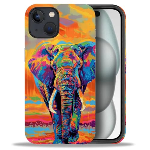 yicomon Compatible with iPhone 15 Case, Oil Painting Style Elephant Pattern Print Matte Phone Case Durable Fashion Funny Liquid Silicone Case Soft Anti-Scratch Shockproof Protective Cover