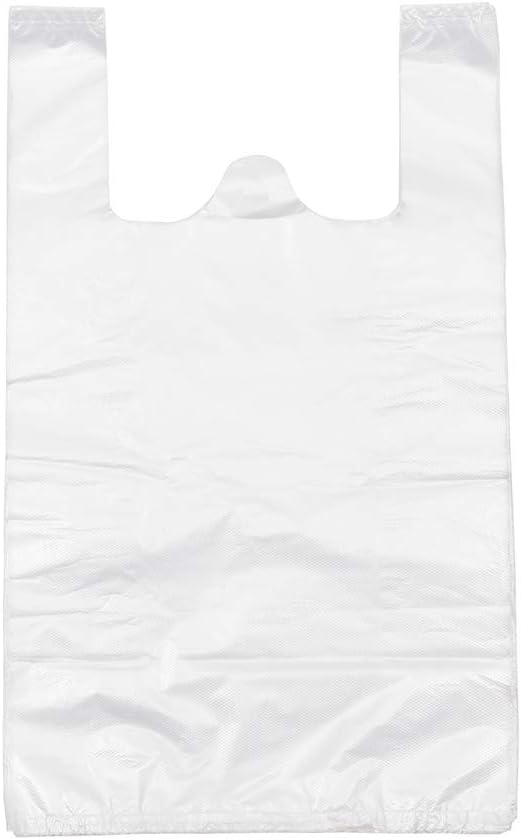 T Shirt Bags, White Plastic Bags with Handles Bulk, Grocery Bags Retail Shopping Bags Merchandise Bags for Supermarket Restaurant, 12x20inch (100pcs)
