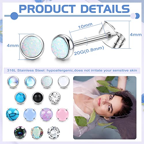 SAILIMUE 14 Pairs Hypoallergenic Surgical Steel Earrings for Women Men Small Stud Earrings CZ Opal Moonstone Turquoise Earrings Studs Set Cartilage Piercing Jewelry 20G2