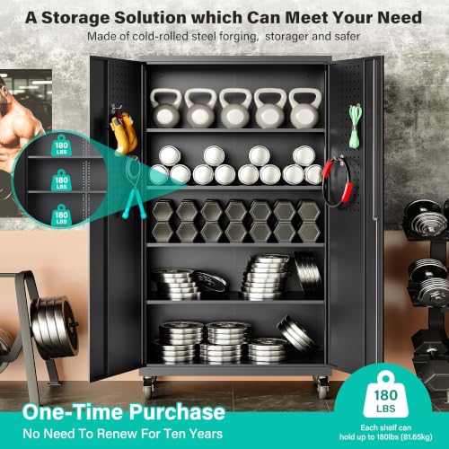 Image of Wide & Deep Metal Storage Cabinet with Wheels,Tall Rolling Garage Storage Cabinet with Lock,Black Metal Cabinets with Shelves and Pegboards,Tool Locker for Garage,Home,Office,43''Wx 20''Dx71 inchH