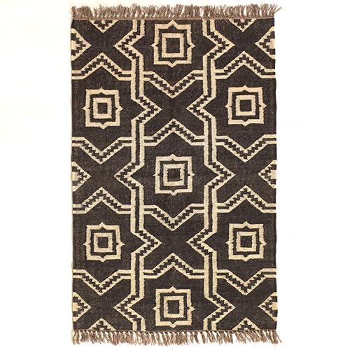 Image of Peepul Tree Handcrafted Monochrome Carpet Black & Beige | Natural Fibre Wool & Jute Rug 3x5 Ft | Geometric Print Area Rug for Home Decor & Gifting | Bedside Runners & Floor Rug| 91Cm x 152Cm