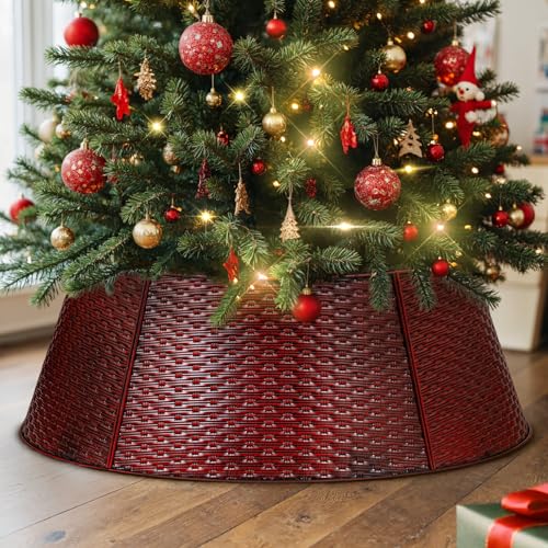Lanpn Metal Collar Árbol de Navidad 70cm, Albero Natale Decorativo Christmas Tree Collar para Mediana M Árboles Artificiales Interior Exterior - Decoración Navideña (Rojo, Tejido Horizontal)