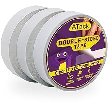 ATack Clear Double-Sided Tape, 1 Inch x 20 Yards 3-Pack, Tear by Hand, Wall Safe Heavy Duty Double Sides Self Sticky Wall Fabric Tape for Wood Templates, Furniture, Leather, Curtains and Craft