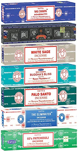 Image of Satya Incense Sticks Gift Set, 7 Scents, Nag Champa, Super Hit, Dragon's Blood, Sandalwood, Patchouli, Lavender, Positive Vibes, 15g Each (Smudge)