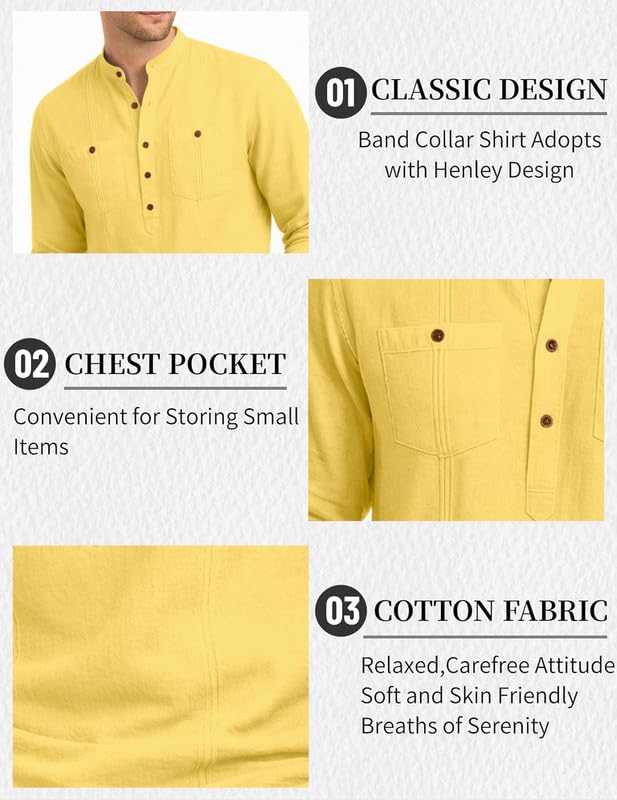 Image of ROYALSCOUT Men's Cotton Polyester Blend Kurta Style Shirt with Mandarin Collar, Half Button Placket, Dual Chest Pockets, Long Sleeve Casual Ethnic Fusion Wear for Office, Festive and Daily Use