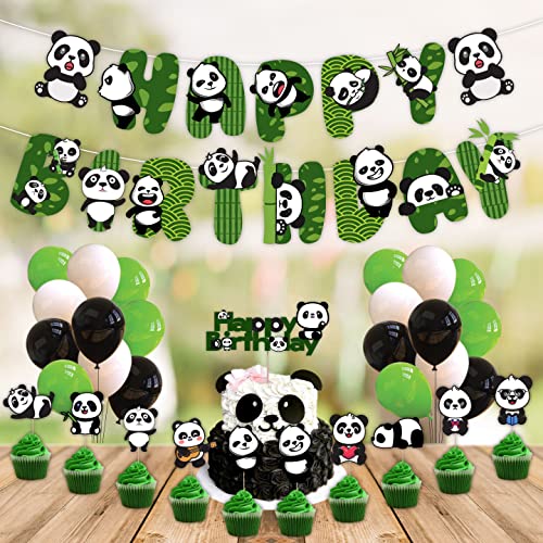 Image of Festiko Cute Cartoon Panda Birthday Decoration Supplies (37 Pcs), Children & Girl Birthday Party Decoration Full Set: Banner, Cake Topper, Cup Cake Topper & Balloons, Black and White, Animal Print