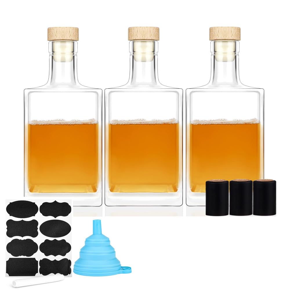 Paquete de 3 botellas de vidrio de 25 onzas con tapa, botellas de vidrio vacías transparentes de 750 ml con botellas de vidrio cuadradas de corcho con base pesada botellas de vidrio con tapa para