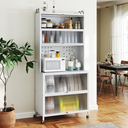 GOPLUS Étagère de Cuisine Rangement, Armoire Cuisine sur Roues Universelles, Portes Battantes, Crochets Supérieurs et Panneau Perforé, pour Salle à Manger...