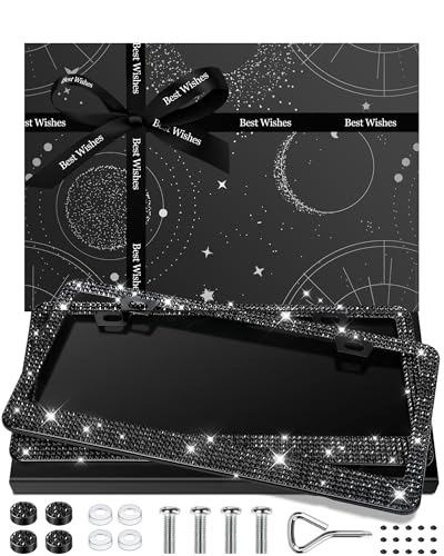 2 Pack Bling License Plate Frame for Women, Stainless Steel Cute Car Accessories, Lasting Sparkly License Plate Holder with Diamond Rhinestone Crystals, Black, 12.2