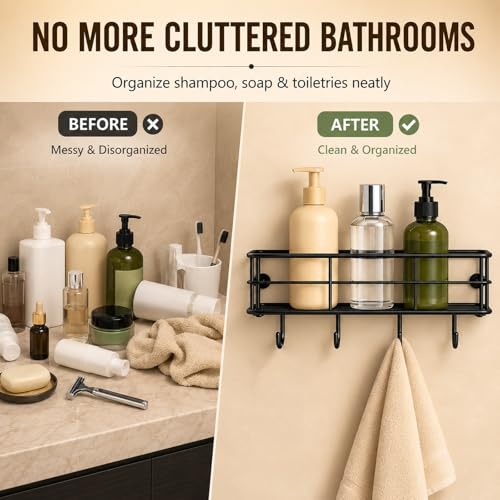 Image of DALUCI Bathroom Organiser Without Drill GI Steel Self Adhesive Bathroom Shelf Rack Stand for Wall Rustproof Shampoo Holder Bathroom Kitchen Shelf Bathroom Accessories Set (Black, 2 Pcs)