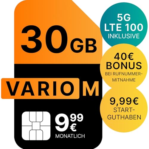 Vario M | 30 GB | 9,99 EUR/Mon. | Startguthaben 9,99 EUR | LTE 100 im Vodafone 5G-Netz | 40 EUR Bonus bei Rufnummernmitnahme | Telefon- SMS-Flat | EU-Roaming | 24 Mon. Laufzeit (Versand per E-Mail) Vario M | 30 GB | 9,99 EUR/Mon. | Startguthaben 9,99 EUR | LTE 100 im Vodafone 5G-Netz | 40 EUR Bonus bei Rufnummernmitnahme | Telefon- SMS-Flat | EU-Roaming | 24 Mon. Laufzeit (Versand per E-Mail)
