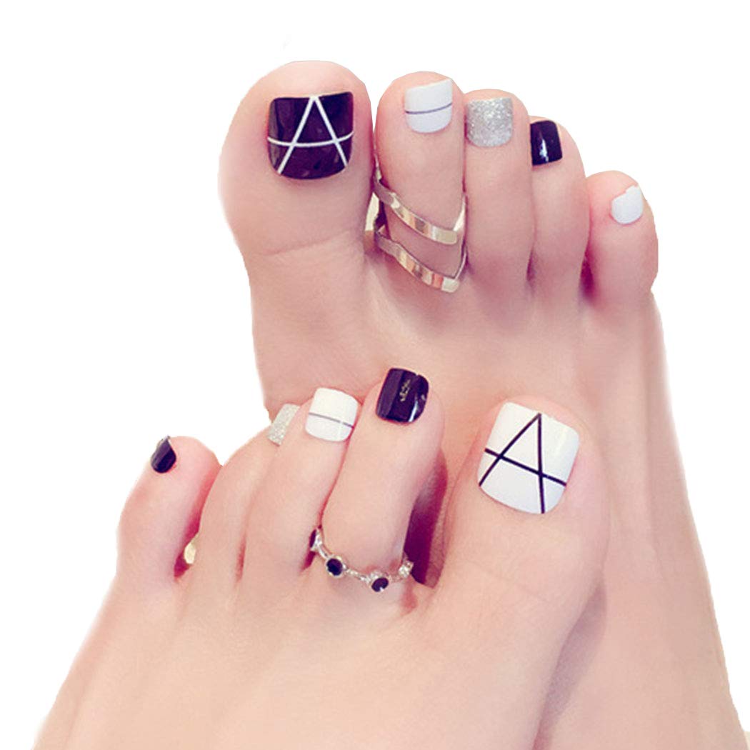 Amazon.com: Barode Geometric Lines Fake Toenails Glitter Sequins Full Cover  Acrylic 24Pcs Fake Toe Nails Art Tips for Women and Girls : Beauty &  Personal Care