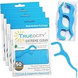 Trueocity Dental Flossers Brush Picks 4 Pack w/Travel Case (200 Total Count), Dental Floss Glides Ea