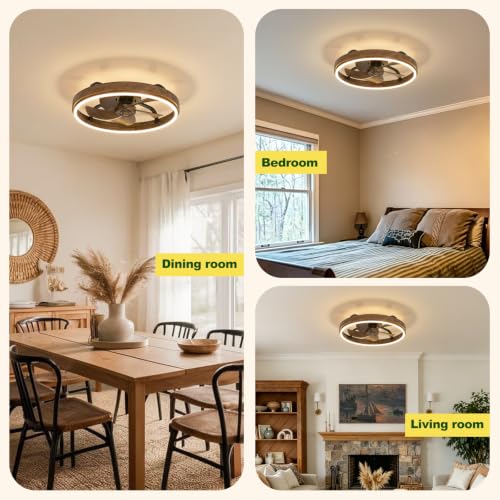 Image of 20 Inch Low Profile Farmhouse Ceiling Fan with Dimmable LED & Remote | Rustic Wood Fandelier, Vintage Flush Mount Ceiling Fan, Smart Remote & APP Control, Dimmable LED, 6 Speed, Reversible Blades