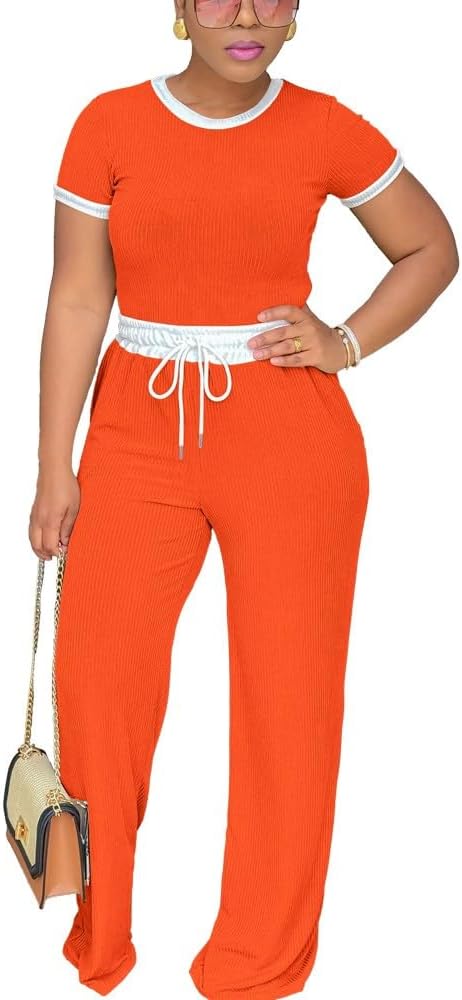 HTD Womens 2 Piece Outfits Casual Sweatsuits Set Short Sleeve Matching Sets Tracksuit
